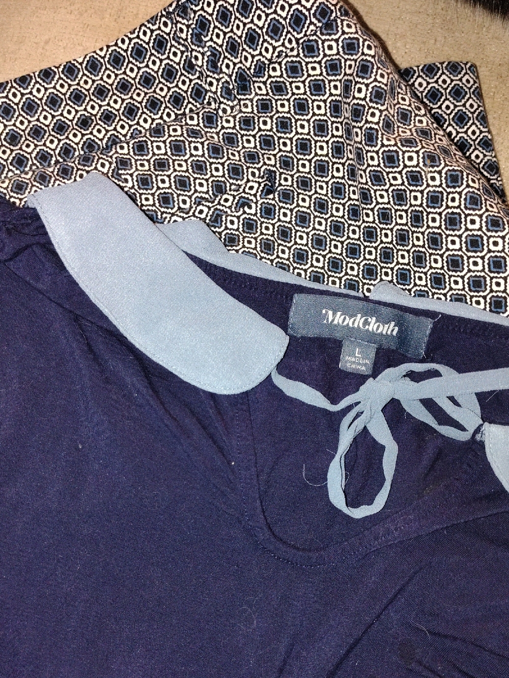 ModCloth Navy Top with Light Blue Peter Pan Collar and Tie And Short Sleeves